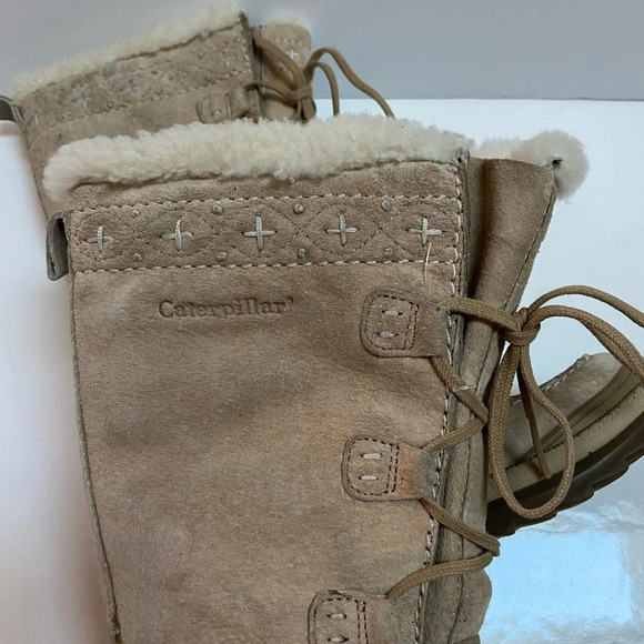 CAT Caterpillar Polartec  calf high Sherpa fleece beige suede boots Sz 6.5 - Picture 7 of 11